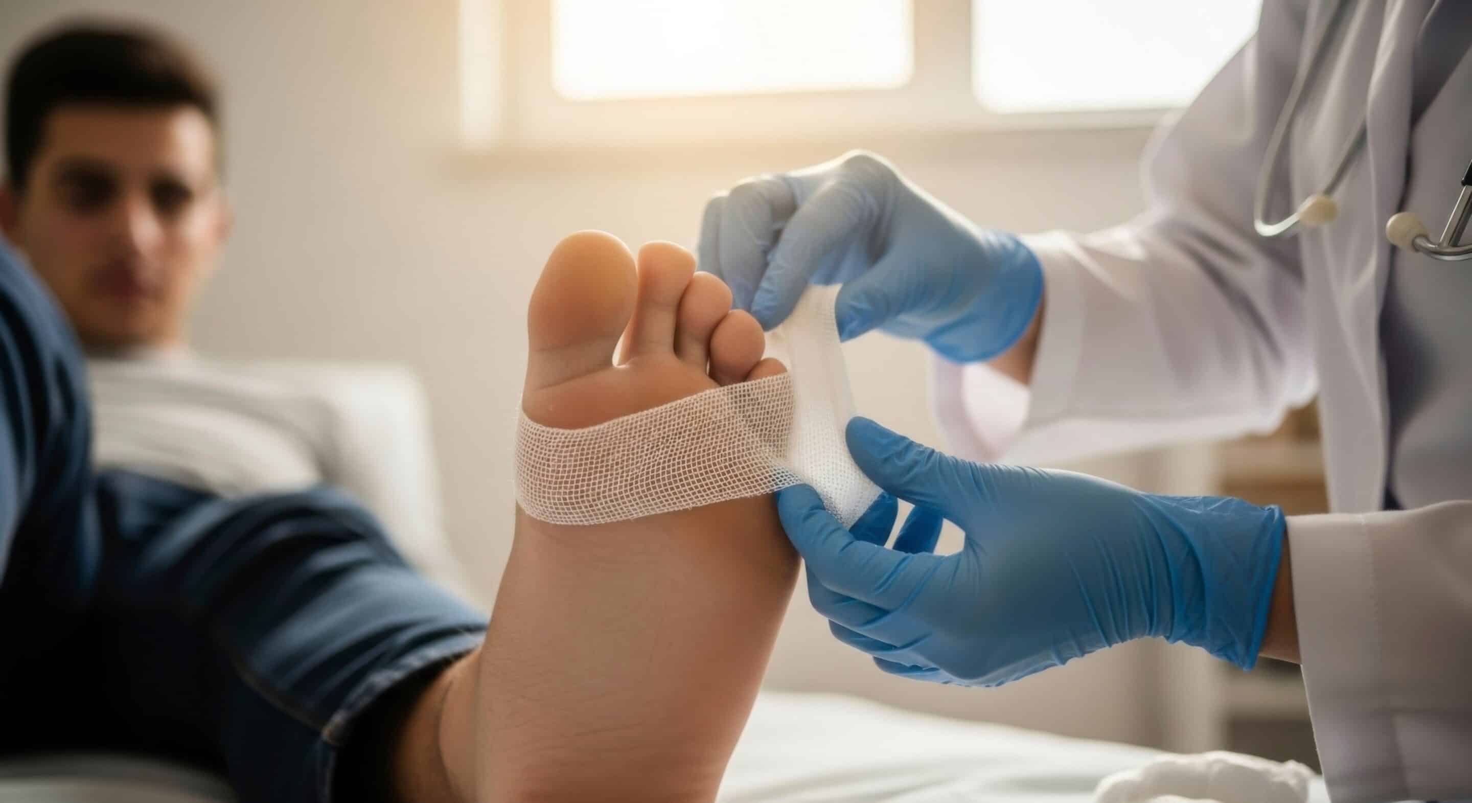 Doctor applying a bandage to a patient's foot
