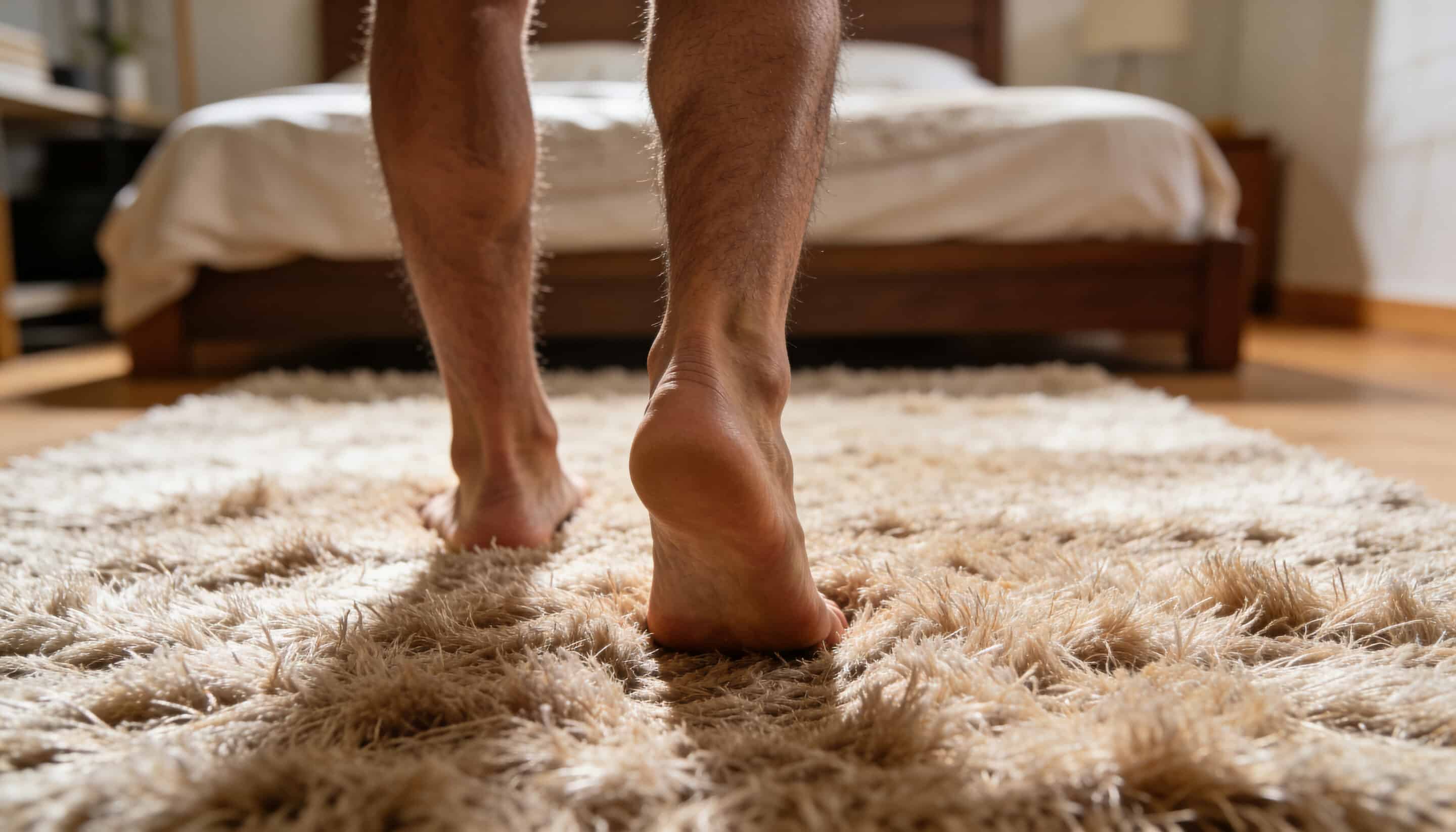 Stepping barefoot man moving forward from low wooden bed in bedroom onto shaggy beige rug, sunlight. Feet, movement, texture, home, light, natural, AI-generated Stepping barefoot man moving forward from low wooden bed in bedroom onto shaggy beige rug, sunlight. Feet, movement, texture, home, light, natural, AI-generated